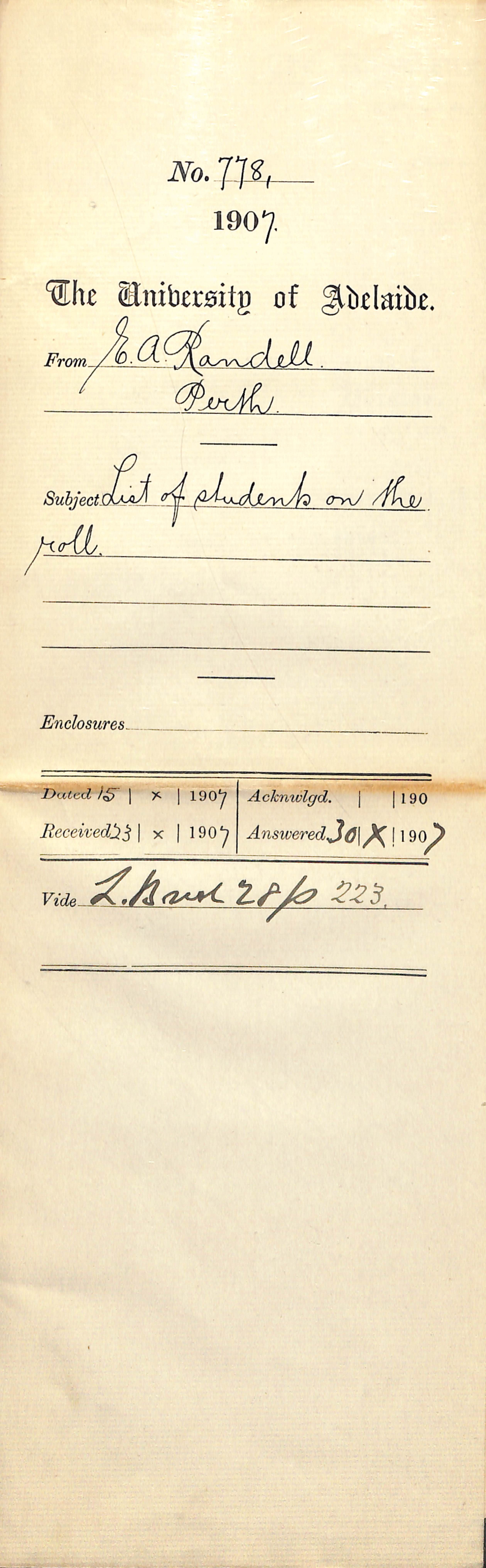 E A Randell - Perth - List of Students on the Roll