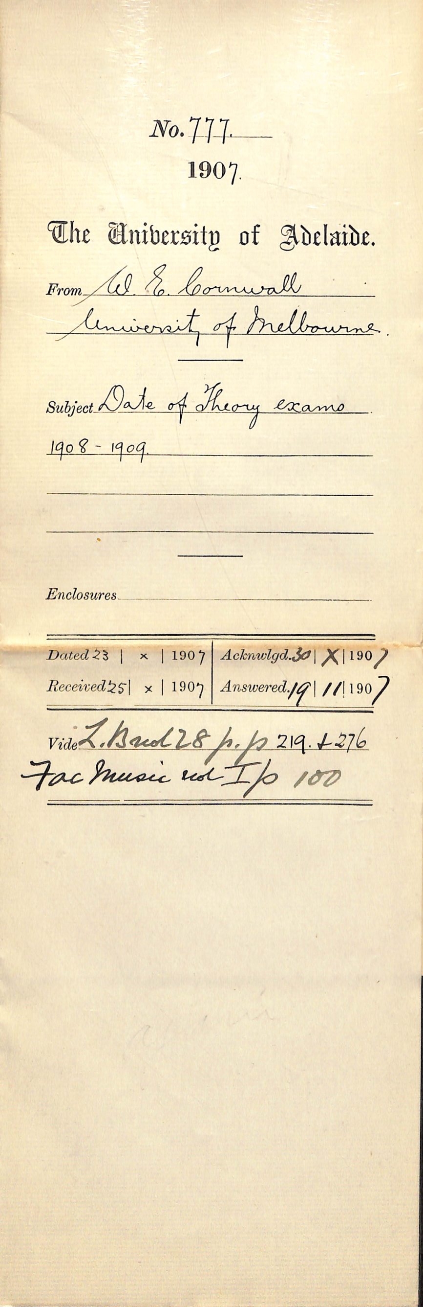 Walter Emerson Cornwall - University of Melbourne - Date of Theory Exams 1908-1909