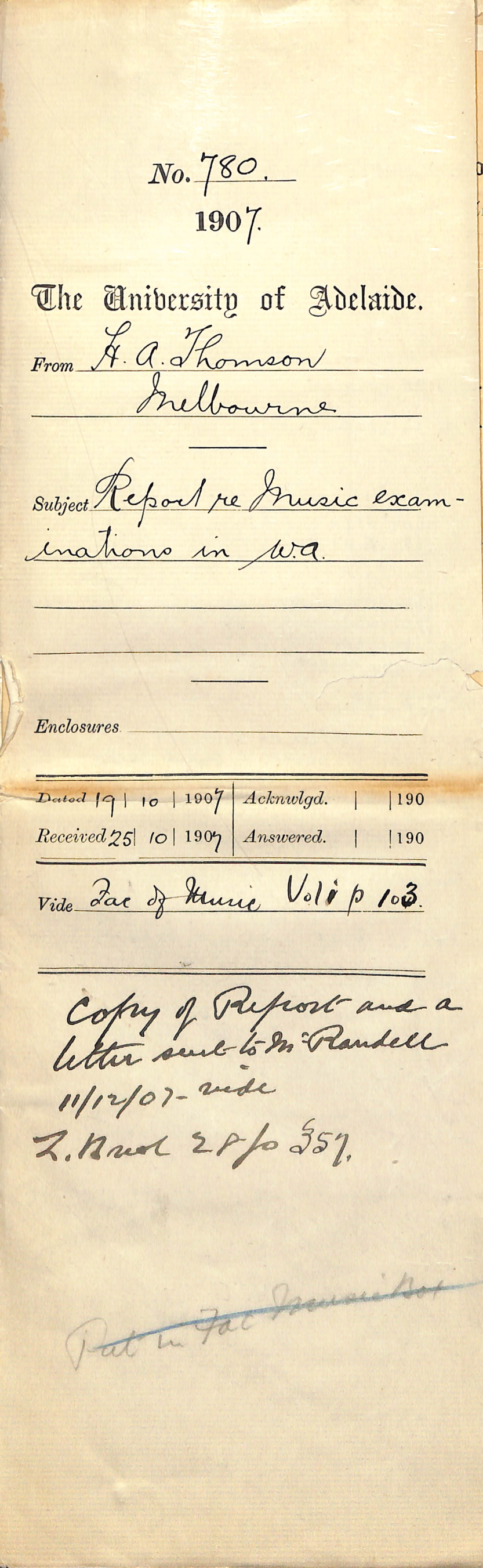 H A Thomson - Melbourne - Report Music Examinations in Western Australia