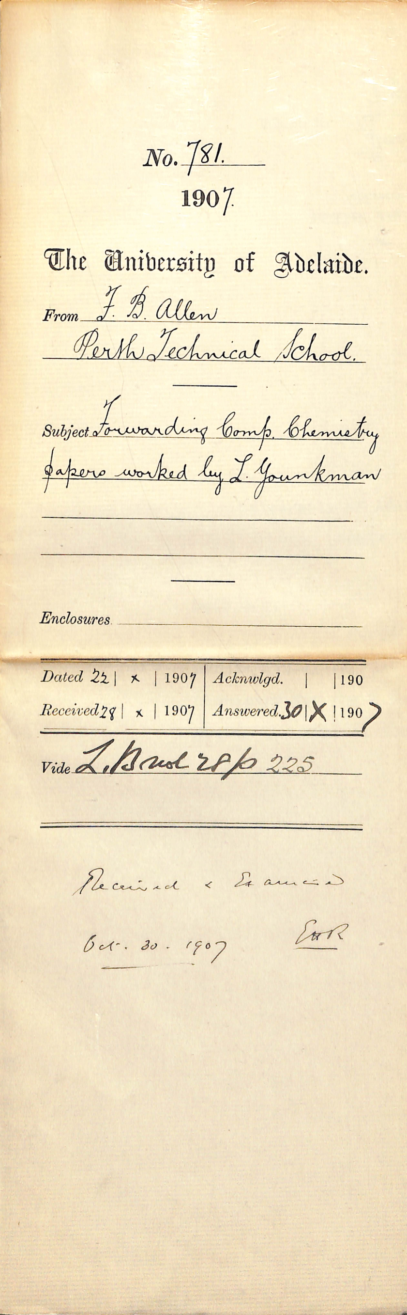 F B Allen - Perth Technical School - Forwarding Compulsory Chemistry Papers worked by L Younkman