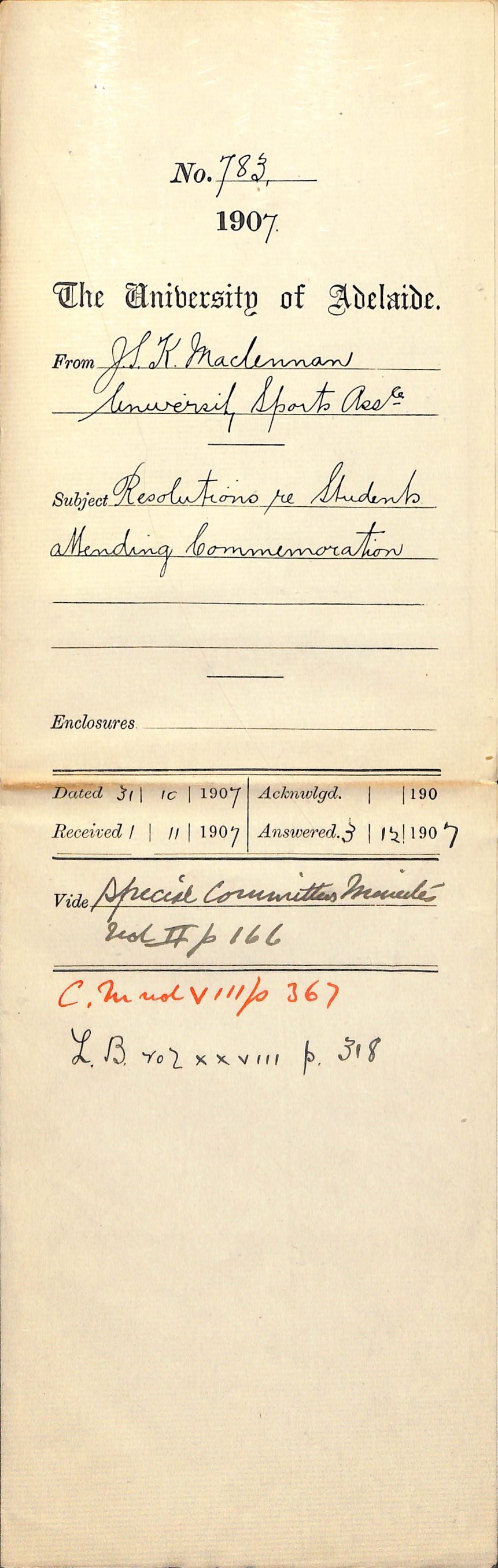 James Sydney Kilcoy Maclennan - University Sports Association - Resolutions re Students attending Commemoration