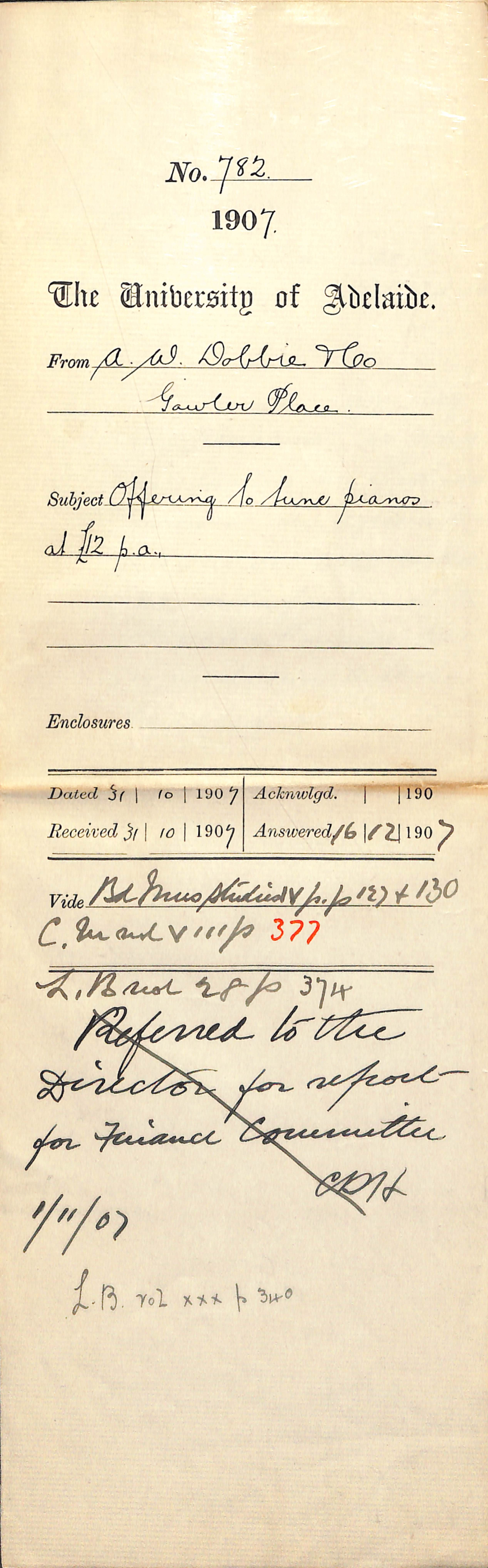 A W Dobbie and Company - Gawler Place - Offering to tune Pianos at &pound;12 per annum