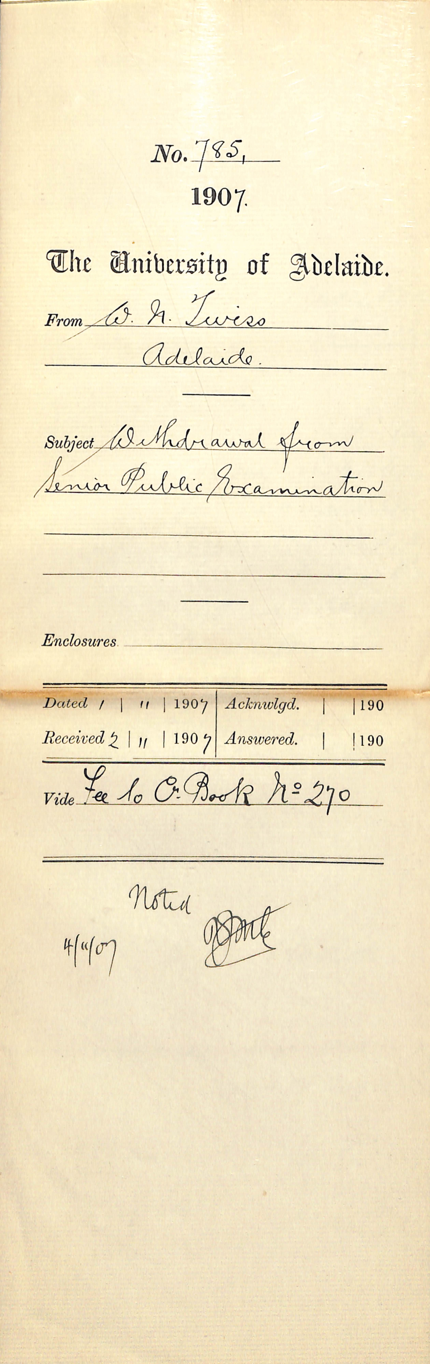 William Newman Twiss - Adelaide - Withdrawal from Senior Public Examination