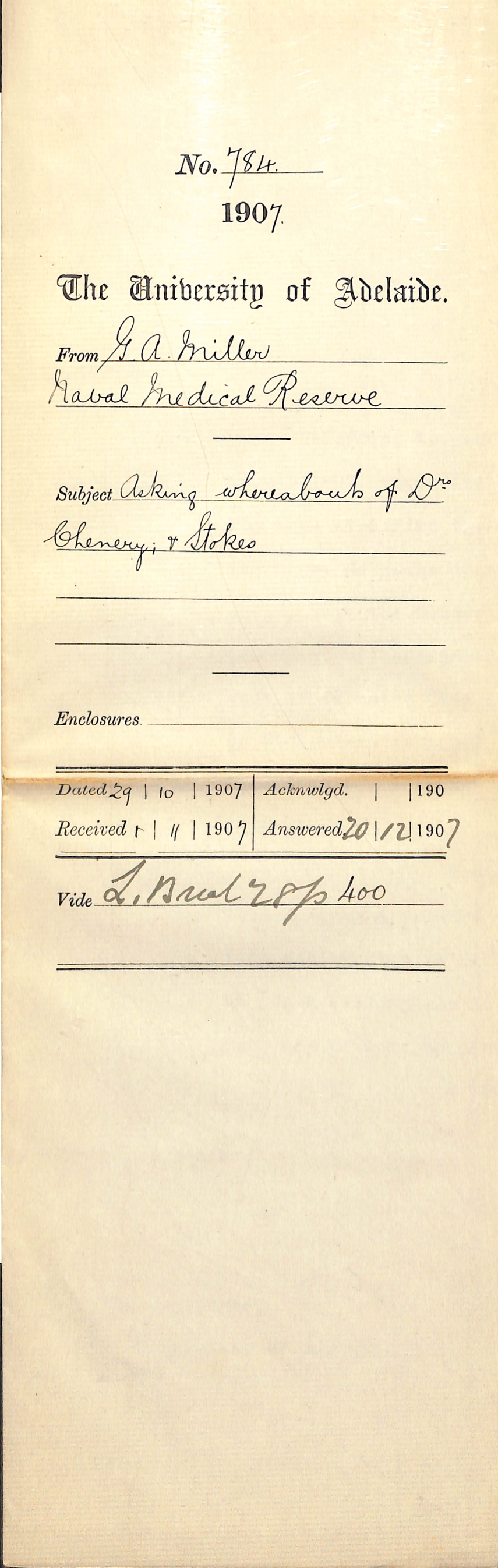 G A Miller - Naval Medical Reserve - Asking whereabouts of Drs Chenery and Stokes