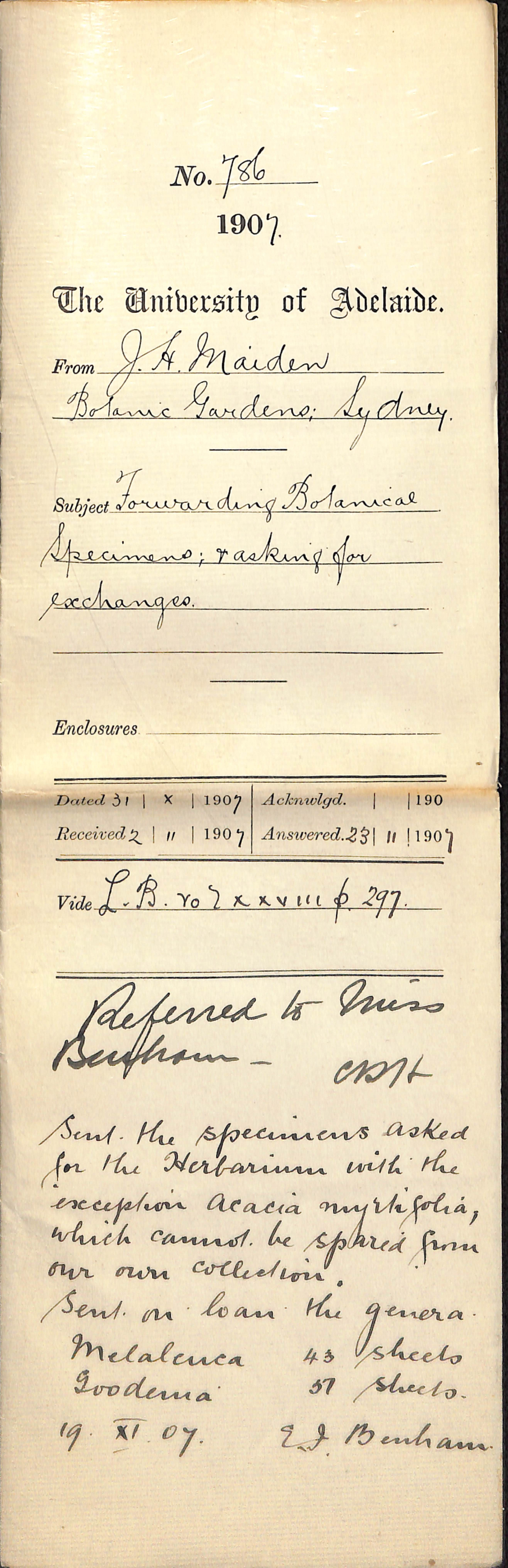 J H Maiden - Botanic Gardens Sydney - Forwarding Botanical Specimens and asking for exchanges