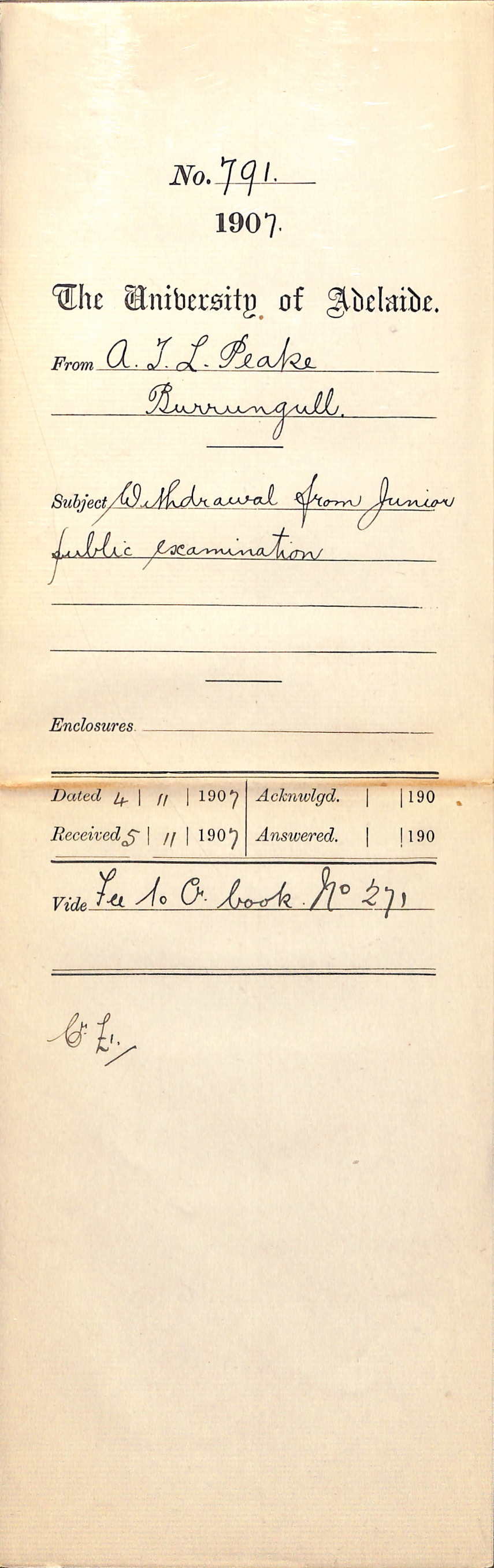 A T L Peake - Burrungull - Withdrawal from Junior Public Examination