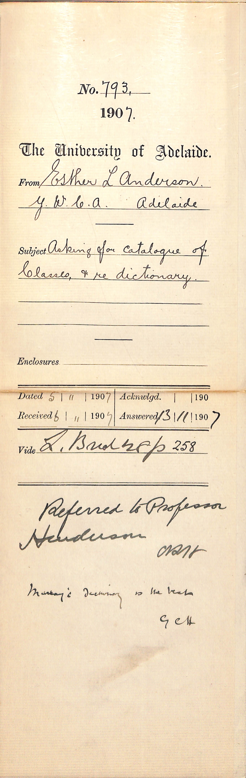 Esther L Anderson - Young  Women's Christian Association Adelaide - Asking for Catalogue of Classes and re Dictionary