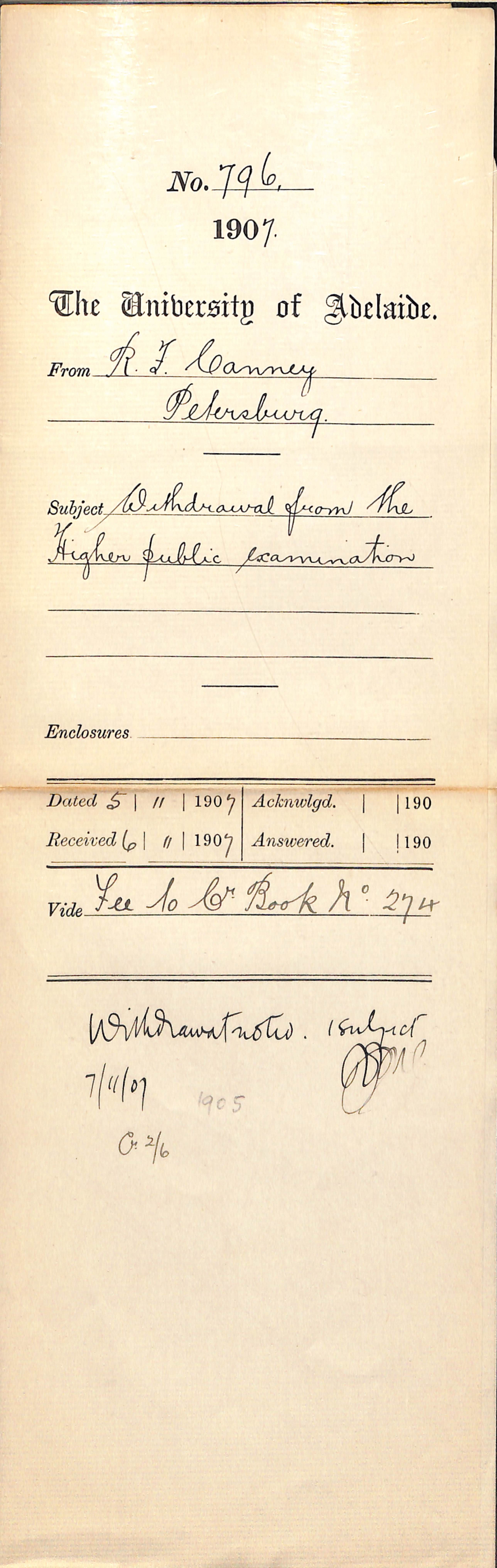 R F Canney - Petersburg - Withdrawal from the Higher Public Examination
