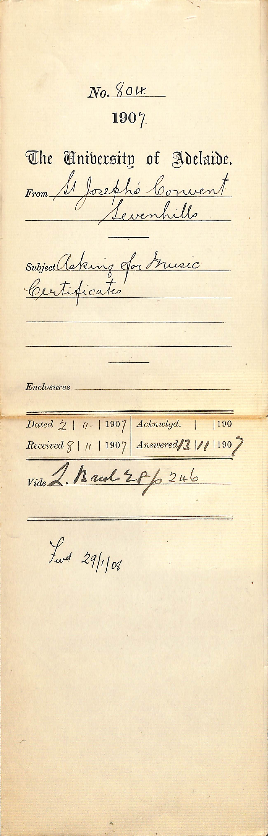 St Josephs Convent - Sevenhills - Asking for Music Certificates