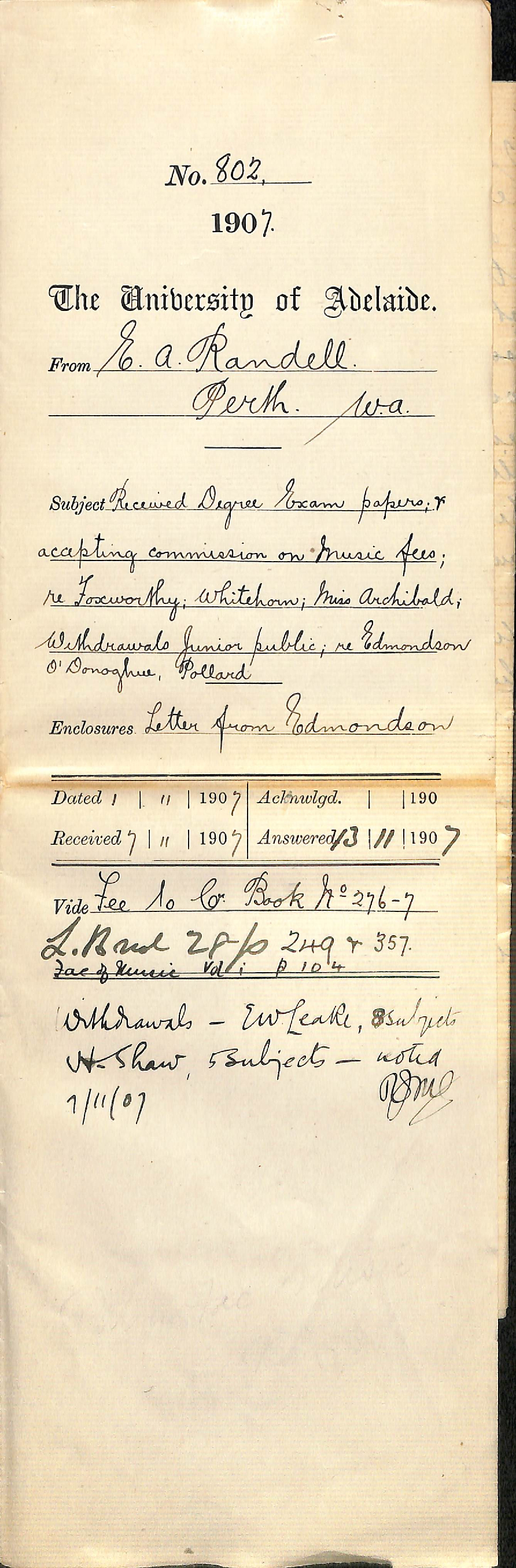 E A Randell - Perth Western Australia - Received Degree Exam Papers accepting commission on Music Fees Foxworthy Whitehorn Miss Archibald Withdrawals Junior Public Re Edmondson O'Donoghue and Pollard