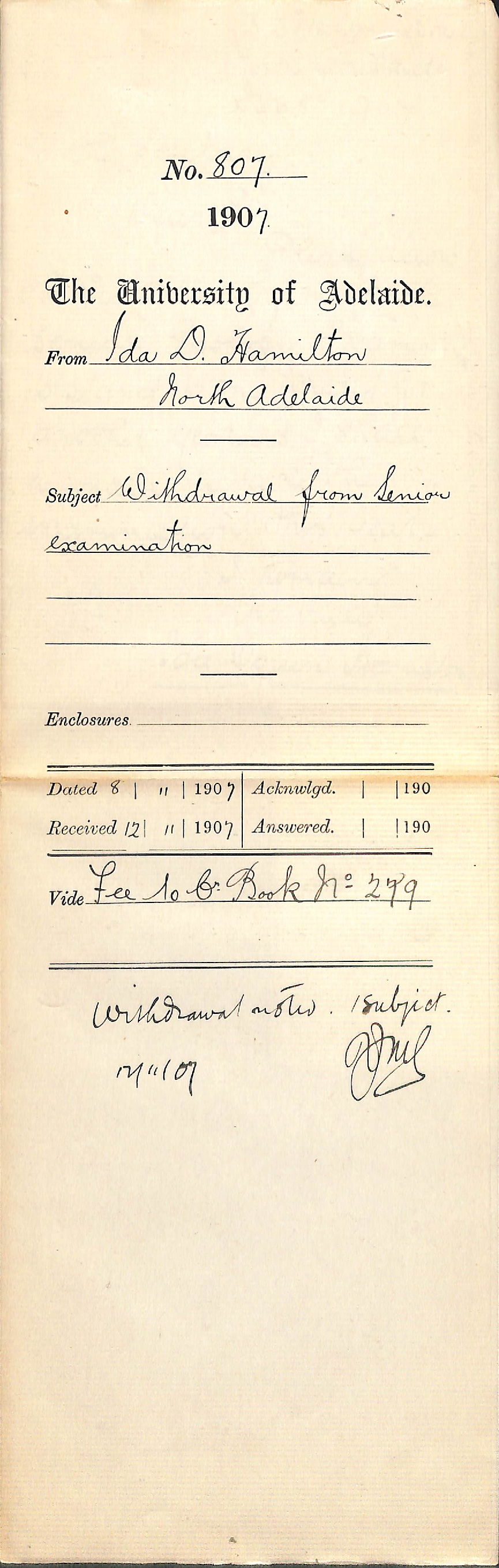 Ida Doreen Hamilton - North Adelaide - Withdrawal from Senior Examination