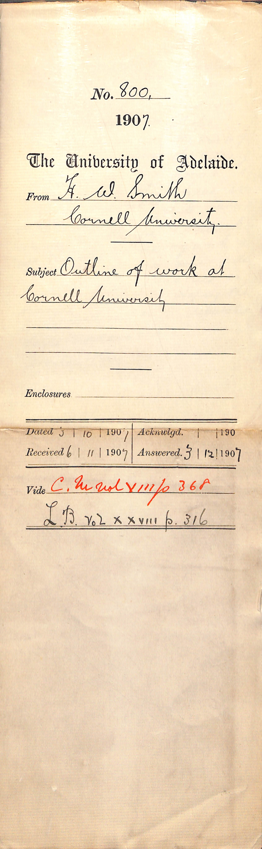 Harold W Smith - Cornell University - Outline of Work at Cornell University