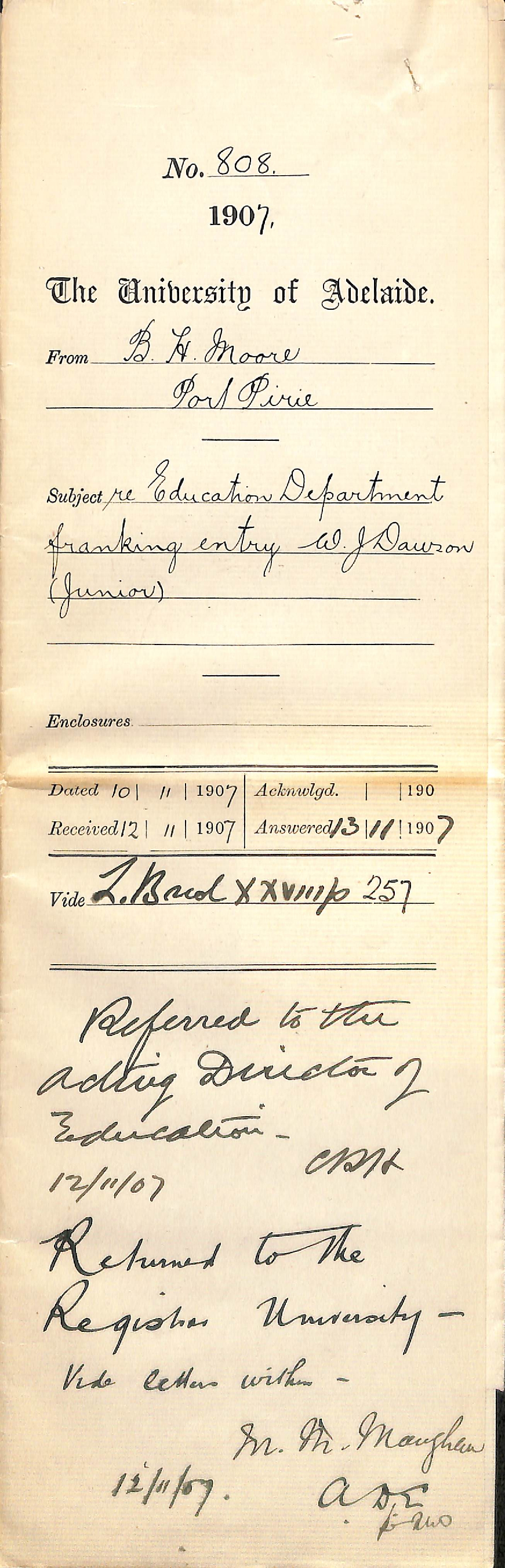 B H Moore - Port Pirie - Education Department franking entry W J Dawson Junior Examination