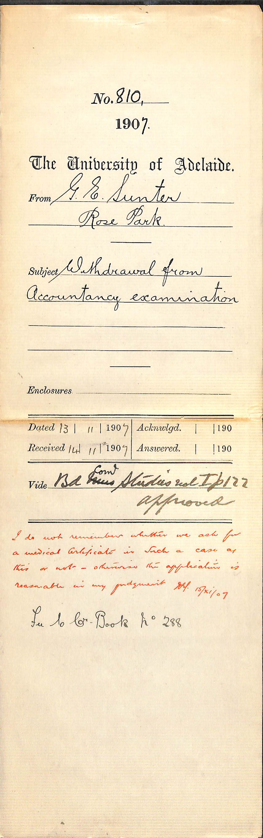 Gordon Edward Sunter - Rose Park - Withdrawal from Accountancy Examination