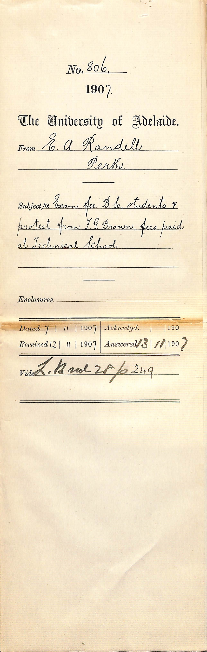 E A Randell - Perth - Exam fee BSc students and protest from F G Brown Fees paid at Technical School