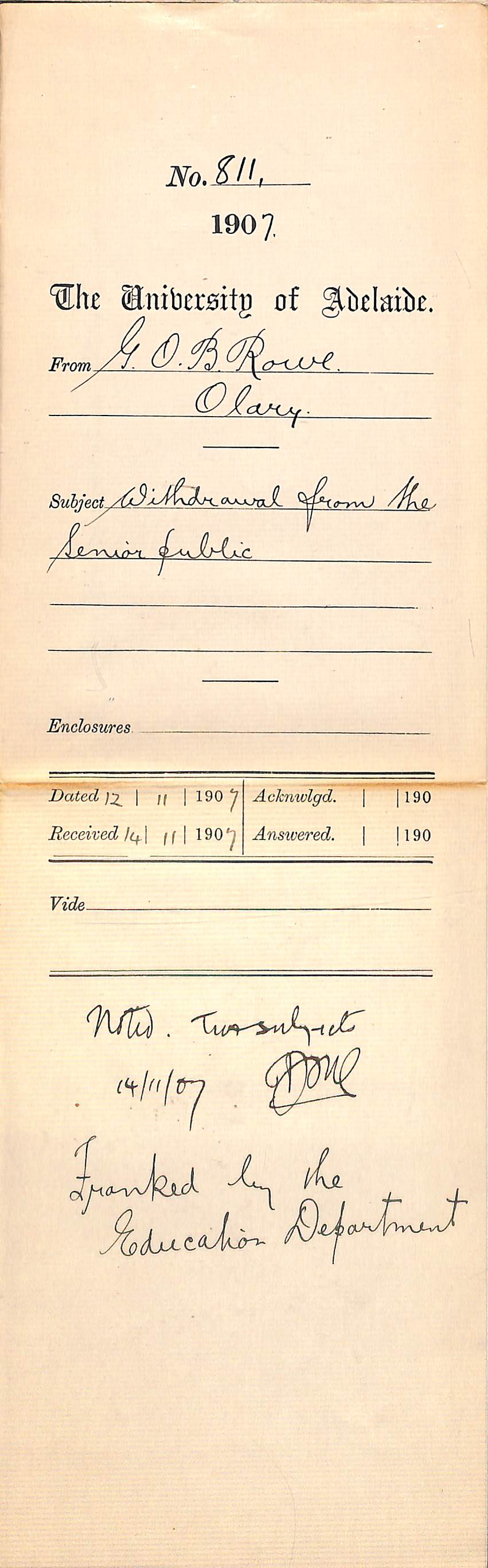 Gordon O B Rowe - Olary - Withdrawal from the Senior Public