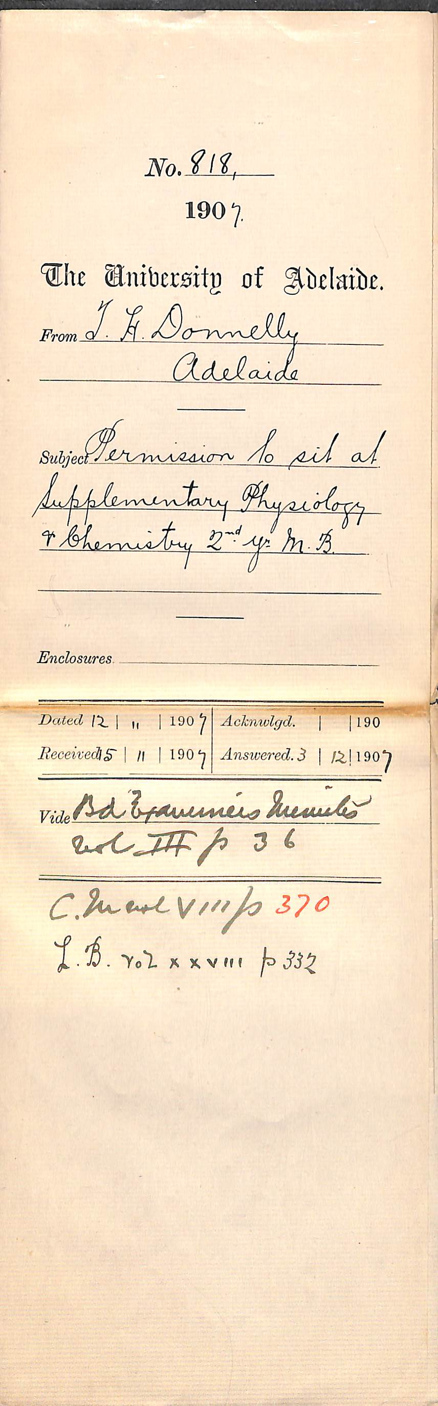 Thomas H Donnelly - Adelaide - Permission to sit at Supplementary Physiology and Chemistry 2nd Year MB