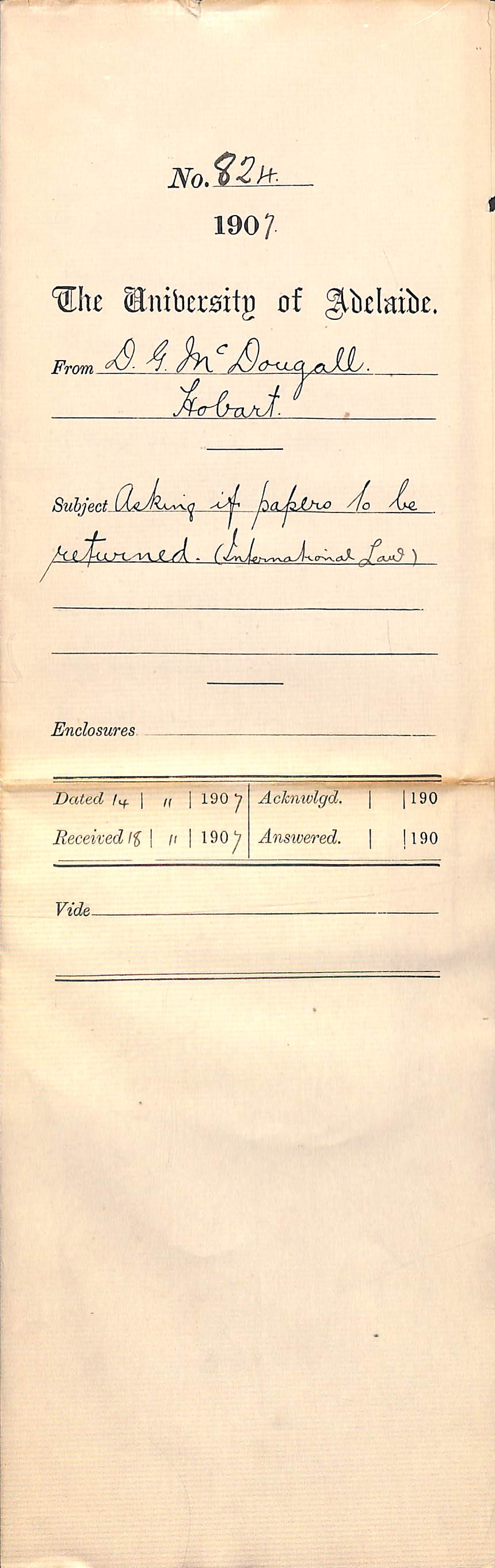 D G McDougall - Hobart - Asking if papers to be returned International Law