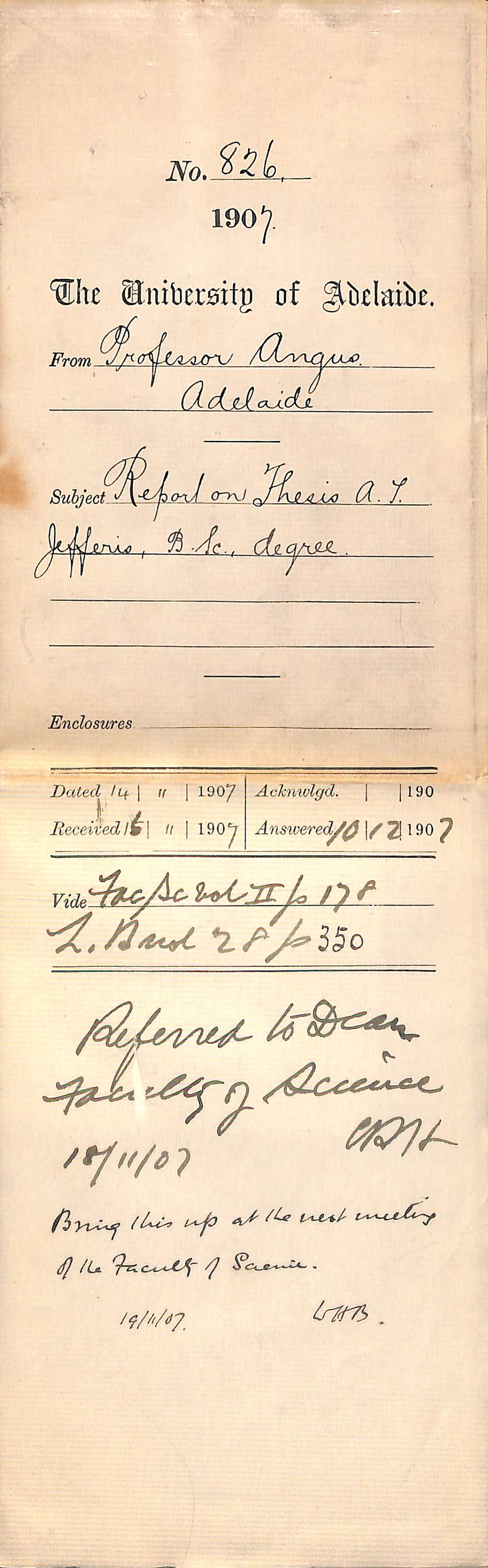 Professor William Angus - Adelaide - Report on Thesis A T Jefferis BSc Degree