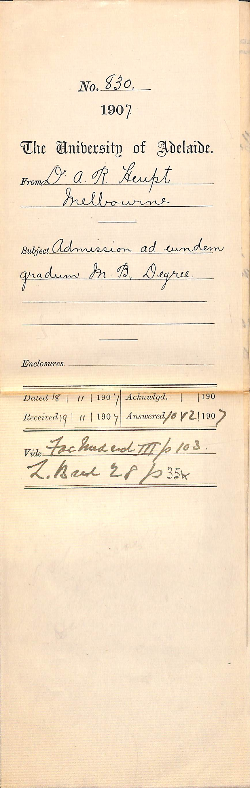 Dr Albert R Heupt - Melbourne - Admission as eundem gradum MB Degree