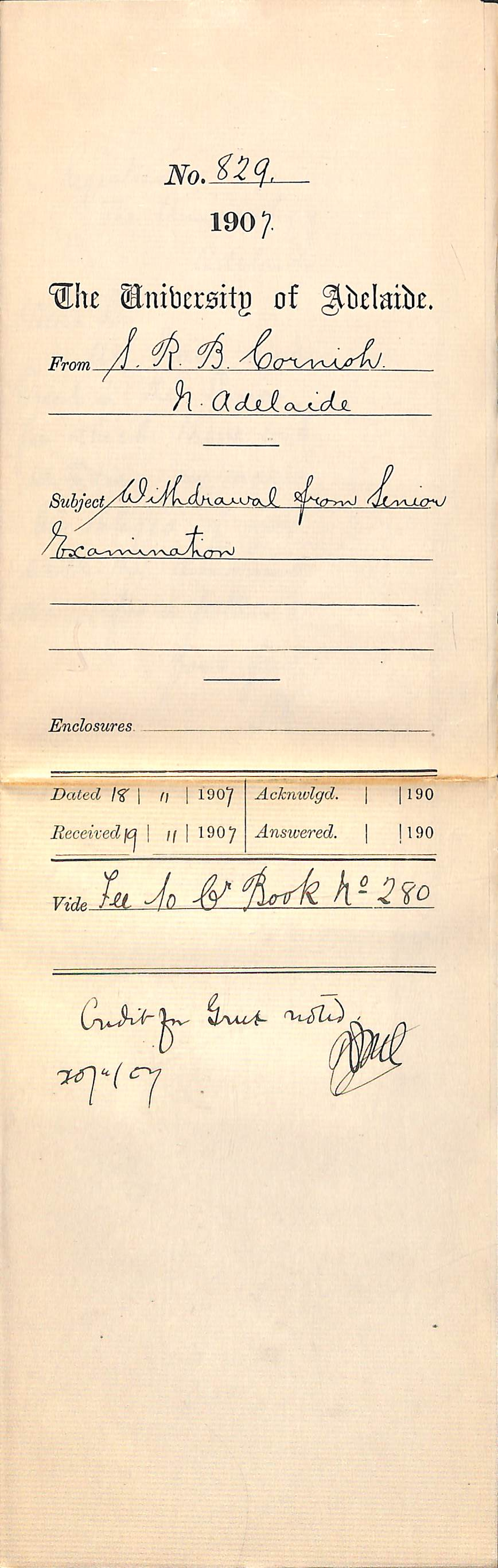 Samuel Raymond Baron Cornish - North Adelaide - Withdrawal from Senior Examination