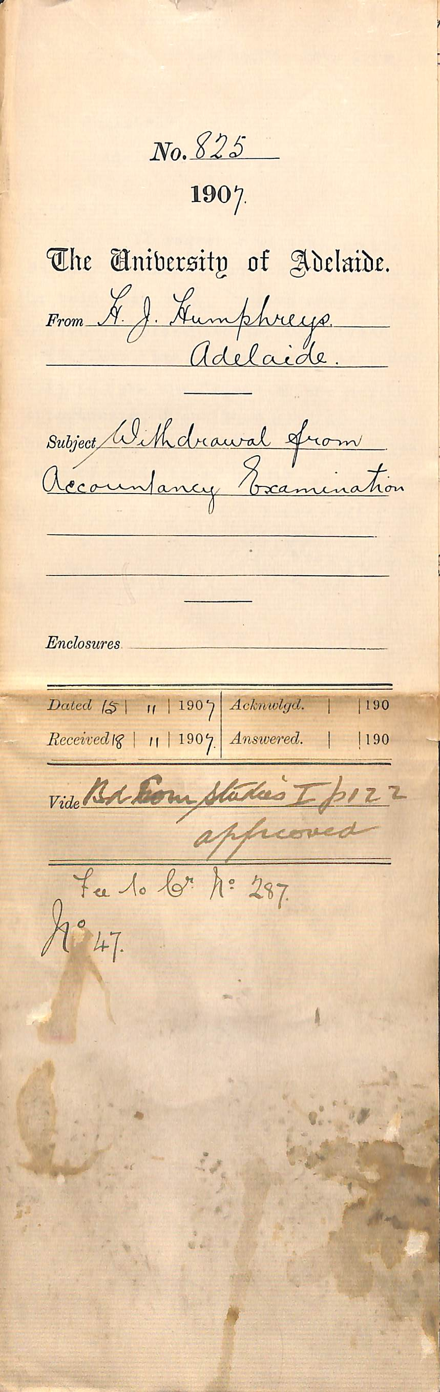 H J Humphreys - Adelaide - Withdrawal from Accountancy Examination