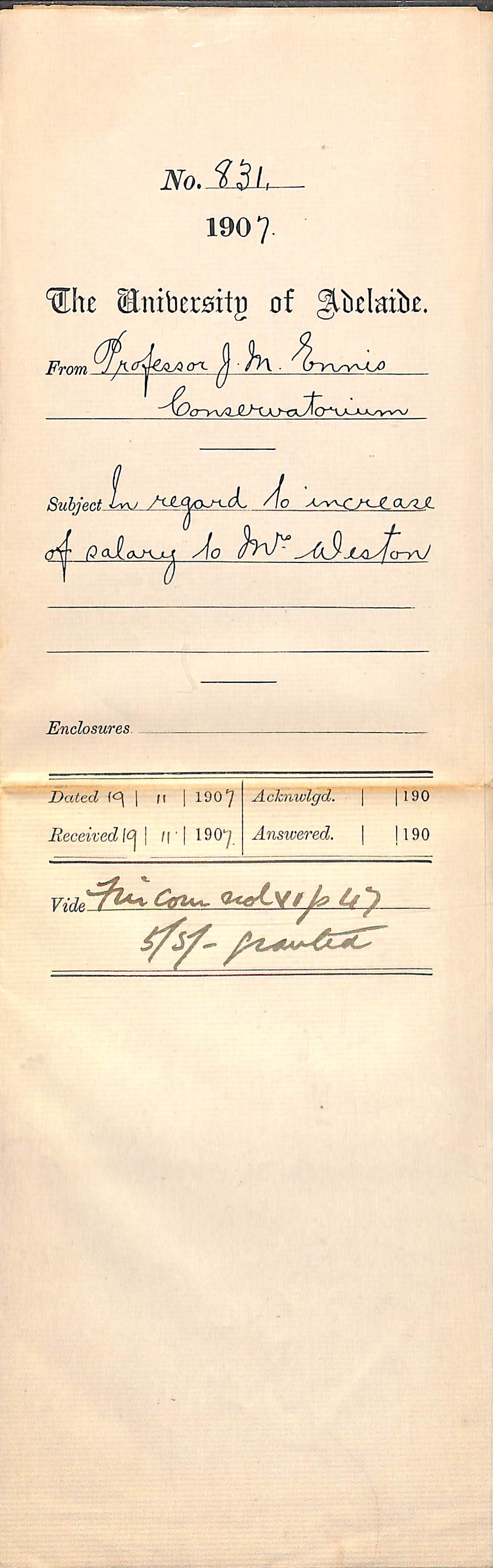 Professor John Matthew Ennis - Conservatorium - In regard to increase of Salary to Mrs Weston