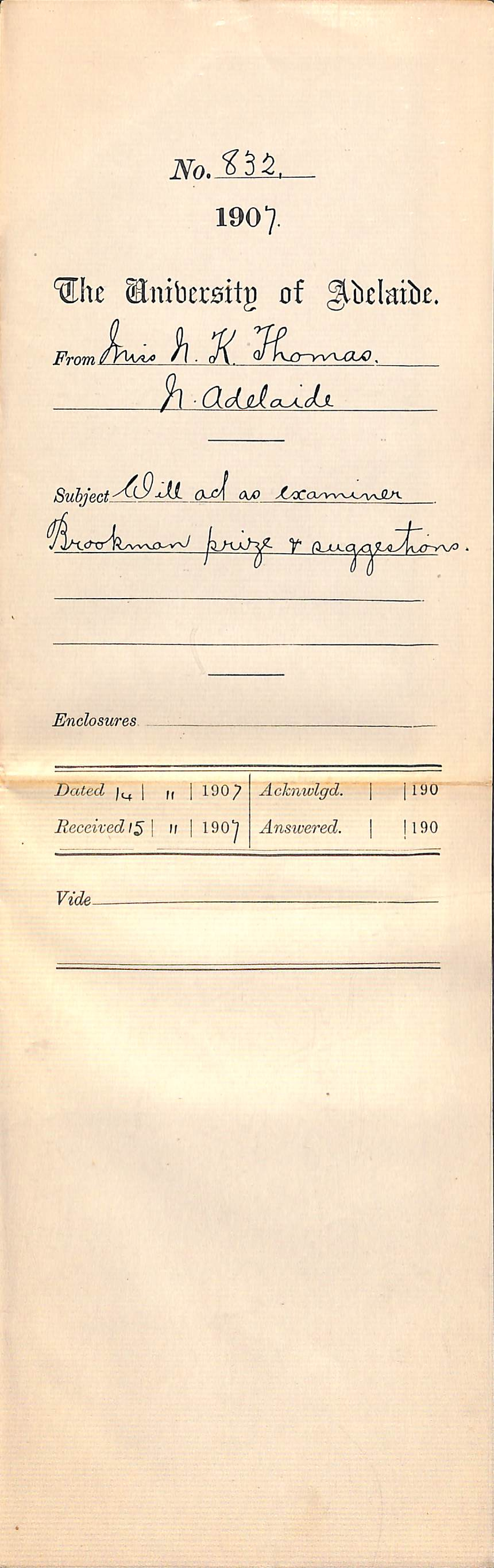 Miss Nora Kyffin Thomas - North Adelaide - Will act as Examiner Brookman Prize and suggestions