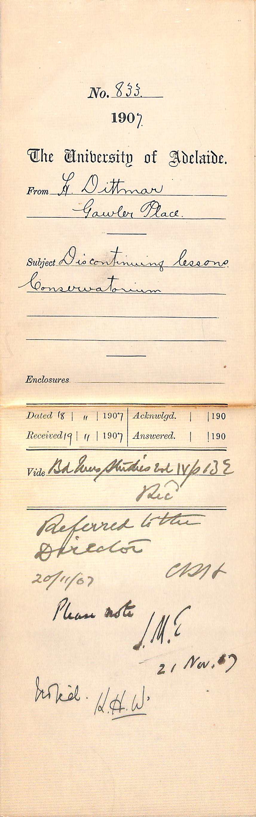 Hannchen Dittmar - Gawler Place - Discontinuing lessons Conservatorium