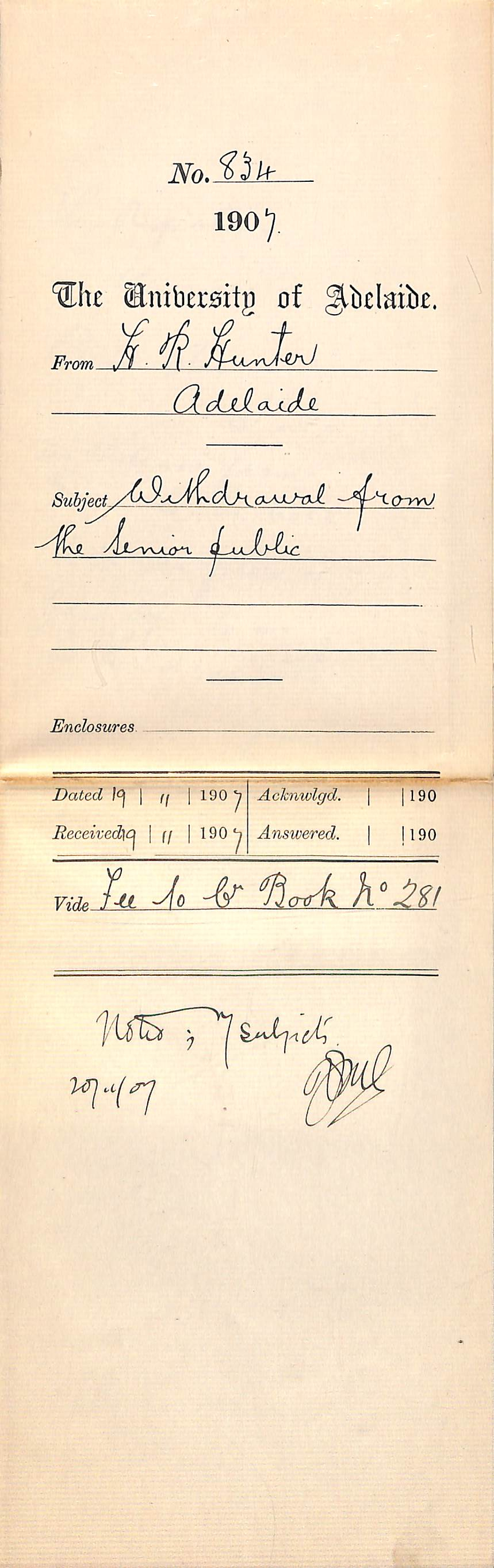 H R Hunter - Adelaide - Withdrawal from the Senior Public