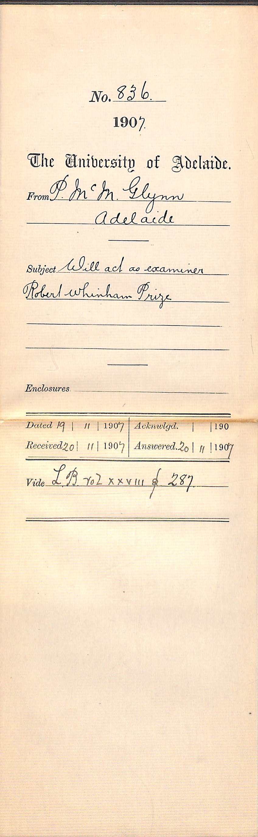 Patrick McMahon Glynn - Adelaide - Will act as Examiner Robert Whinham Prize