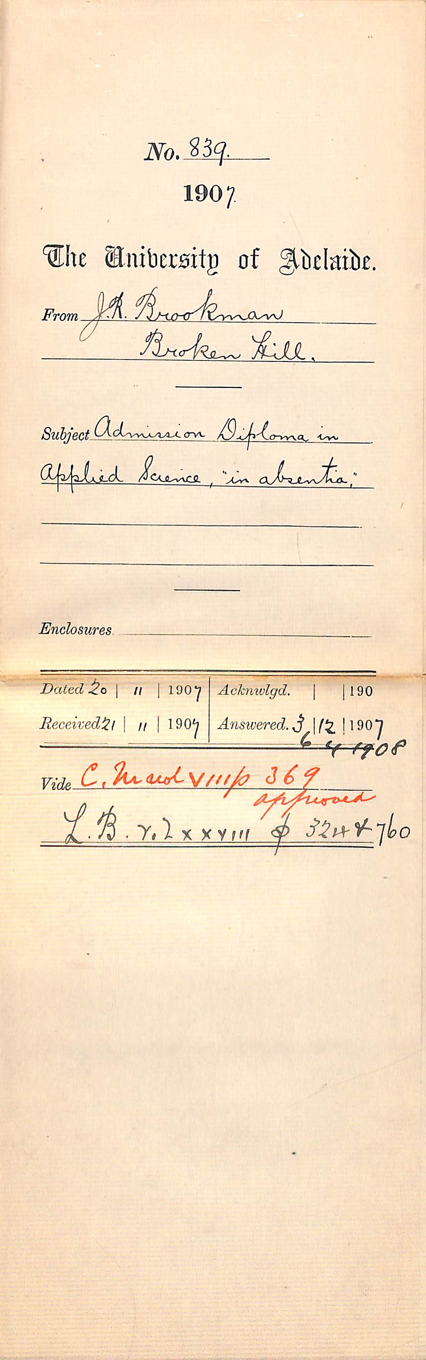 John Ragless Brookman - Broken Hill - Admission Diploma in Applied Science in absentia