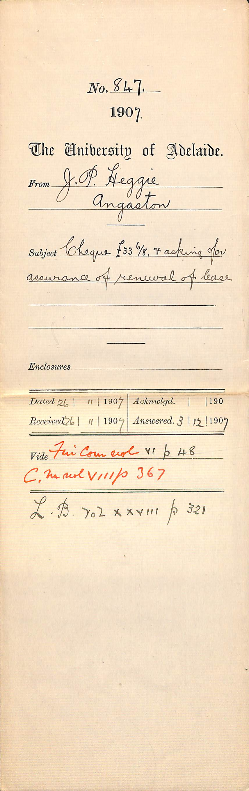 J P Heggie - Angaston - Cheque &pound;33-6-8 and asking for assurance of renewal of Lease