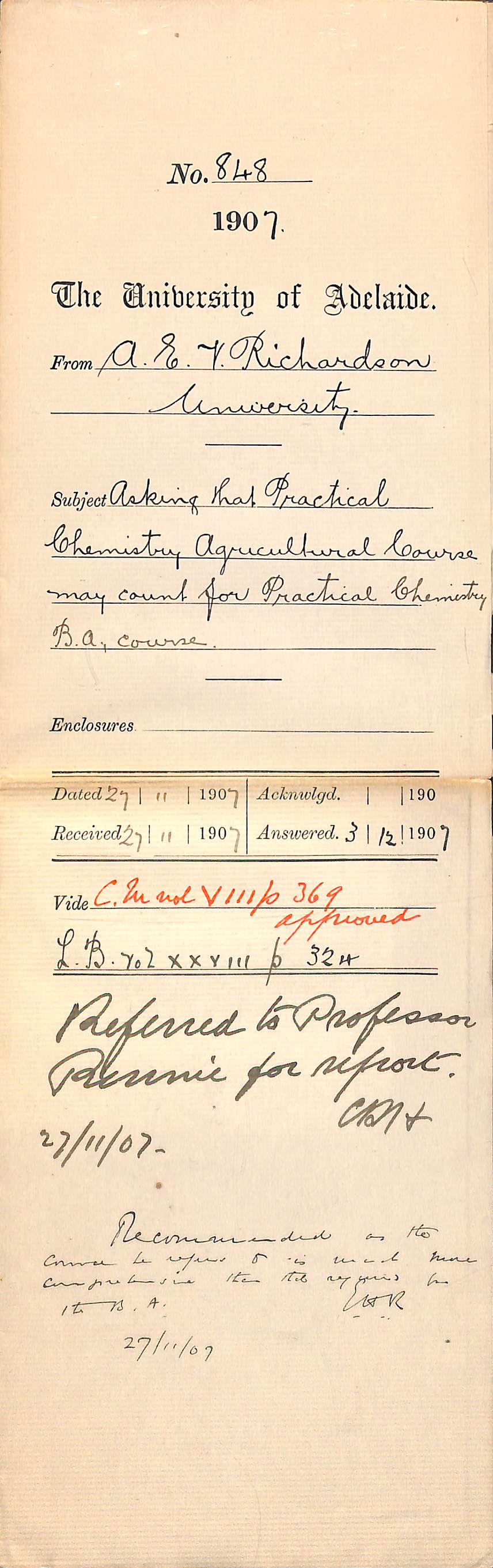 Arnold Edwin Victor Richardson - University - Asking that practical Chemistry Agricultural course may count for Practical Chemistry BA Course
