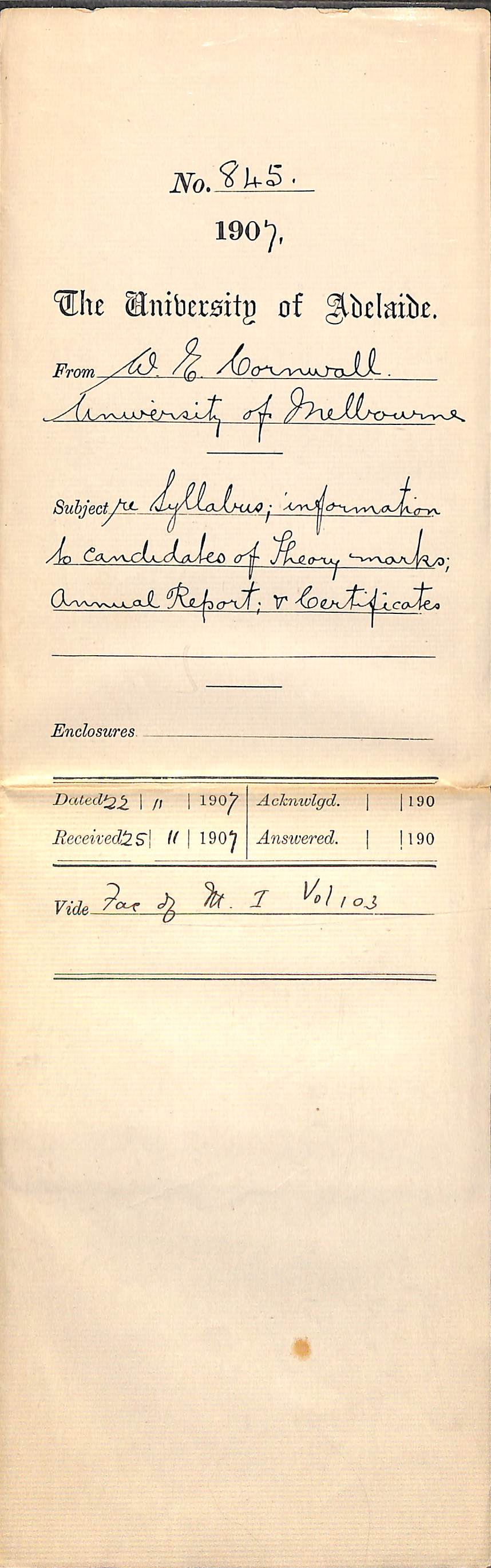 Walter Emerson Cornwall - University of Melbourne - Syllabus and information to Candidates of Theory marks and Annual Report and Certificates