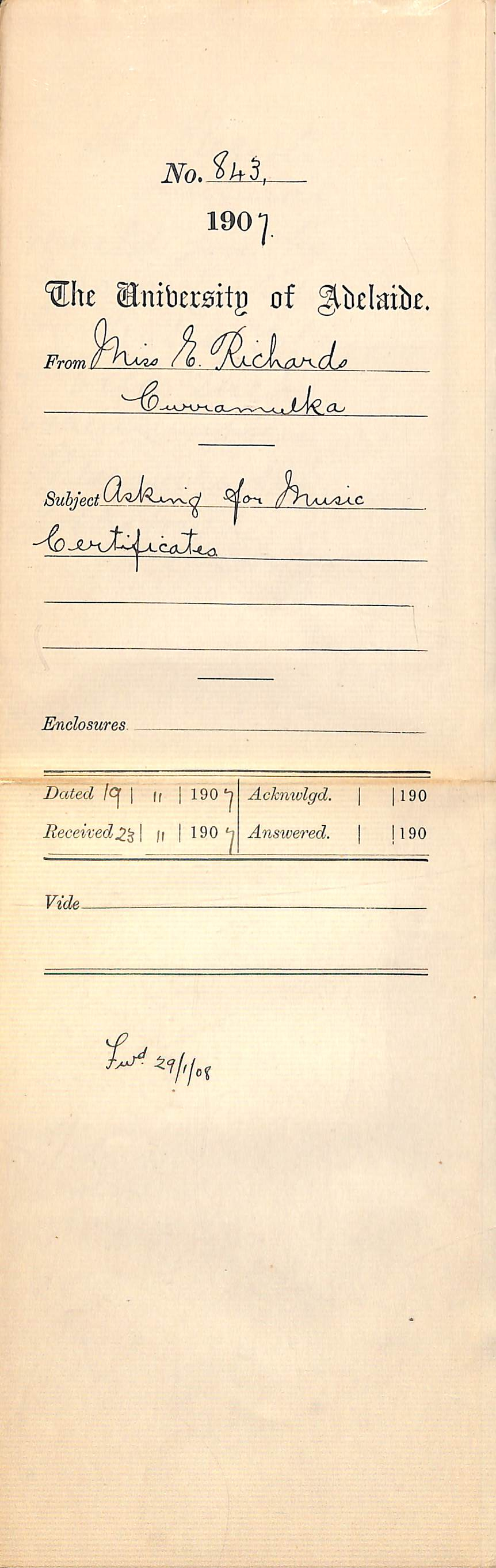 Miss E Richards - Curramulka - Asking for Music Certificates