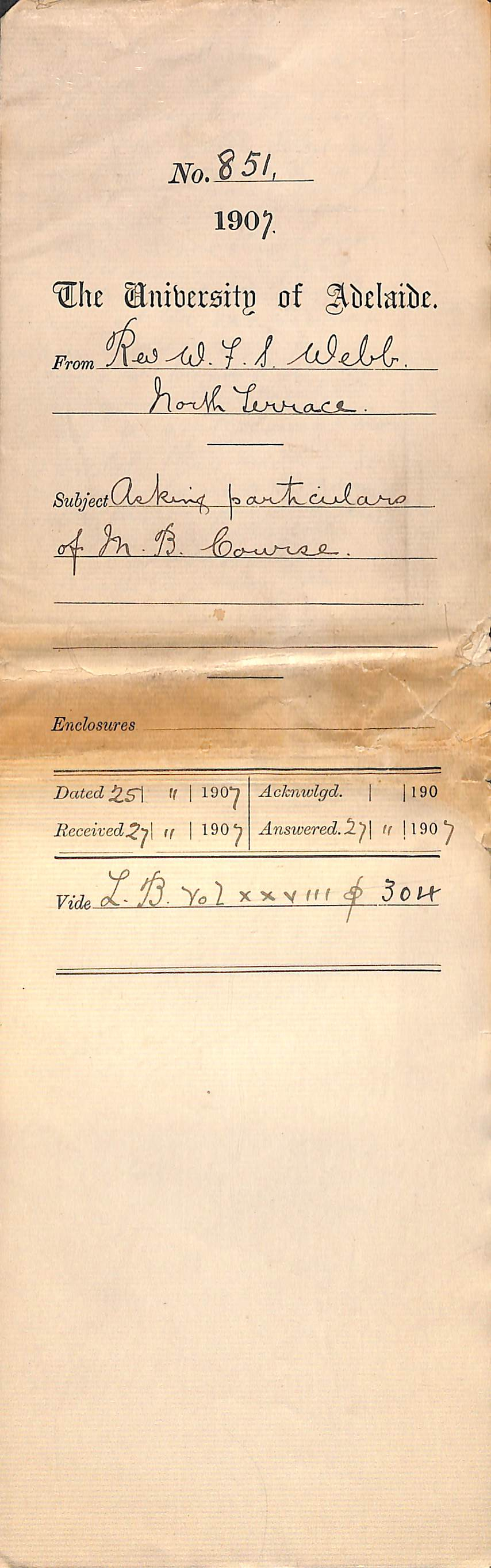 Reverend W F S Webb - North Terrace - Asking particulars of MB Course