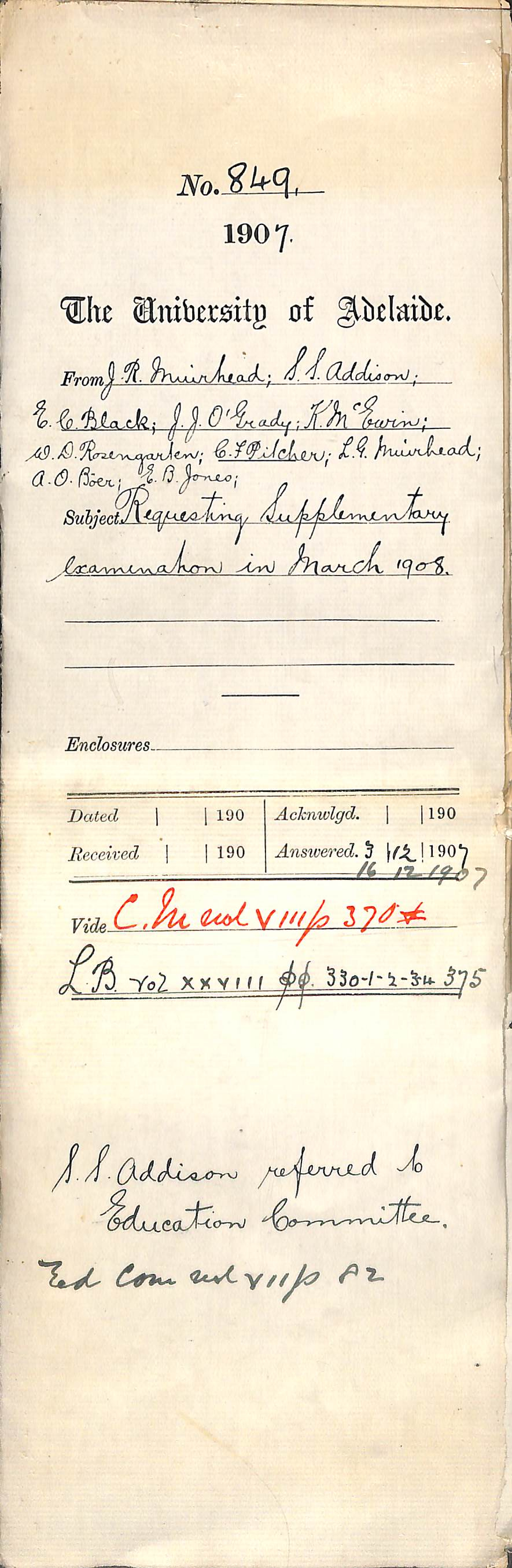 JR Muirhead SS Addison EC Black JJ OGrady K McEwin WD Rosengarten CF Pitcher LG Muirhead AO Boer EB Jones - Requesting Supplementary Examination in March 1908