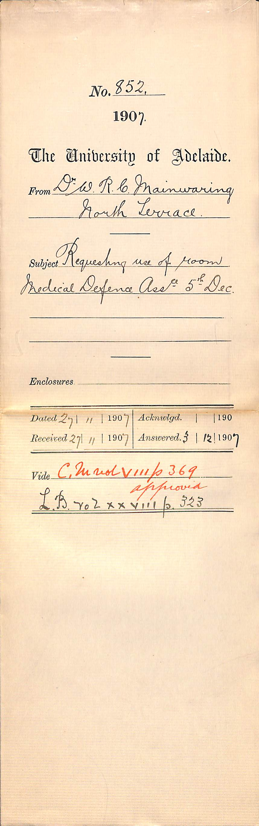 Dr Wentworth Rowland Cavenagh Mainwaring - North Terrace - Requesting use of room Medical Defence Association 5th December