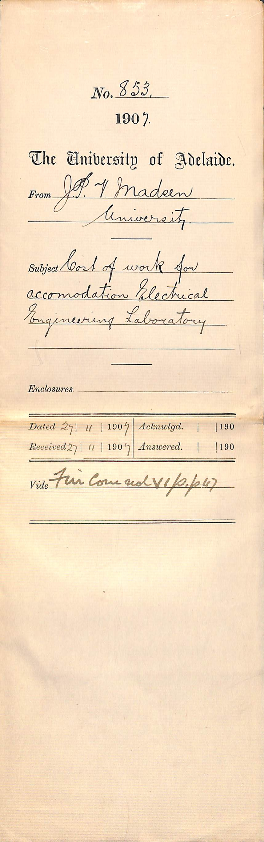 John Percival Vissing Madsen - University - Cost of work for accommodation Electrical Engineering Laboratory