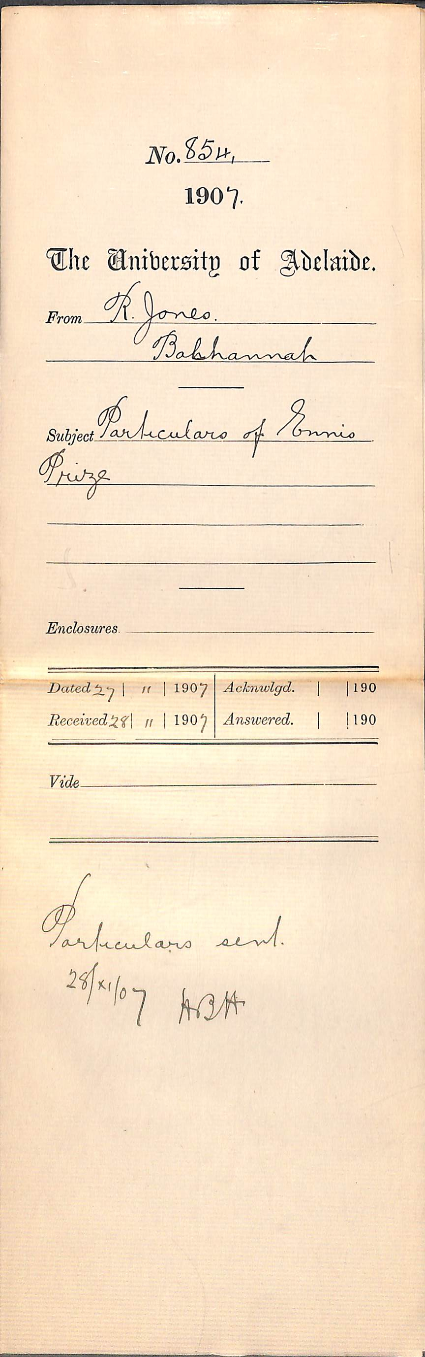 R Jones - Balhannah - Particulars of Ennis Prize