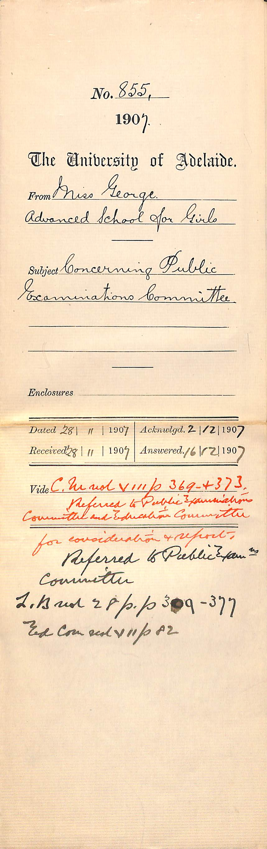 Miss George - Advanced School for Girls - Concerning Public Examinations Committee