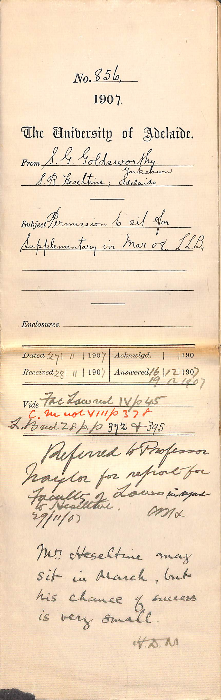 Spencer Gordon Goldsworthy Yorketown - Samuel Richard Heseltine - Adelaide - Permission to sit for Supplementary in March 1908 LLB