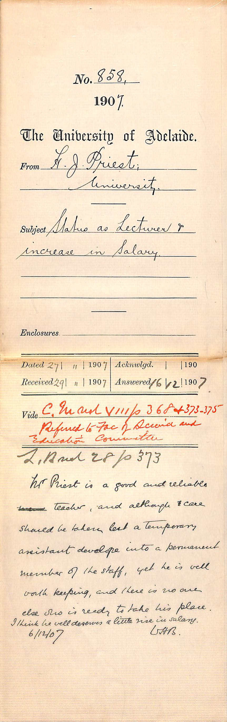 Herbert James Priest - University - Status of Lecturer and increase in Salary