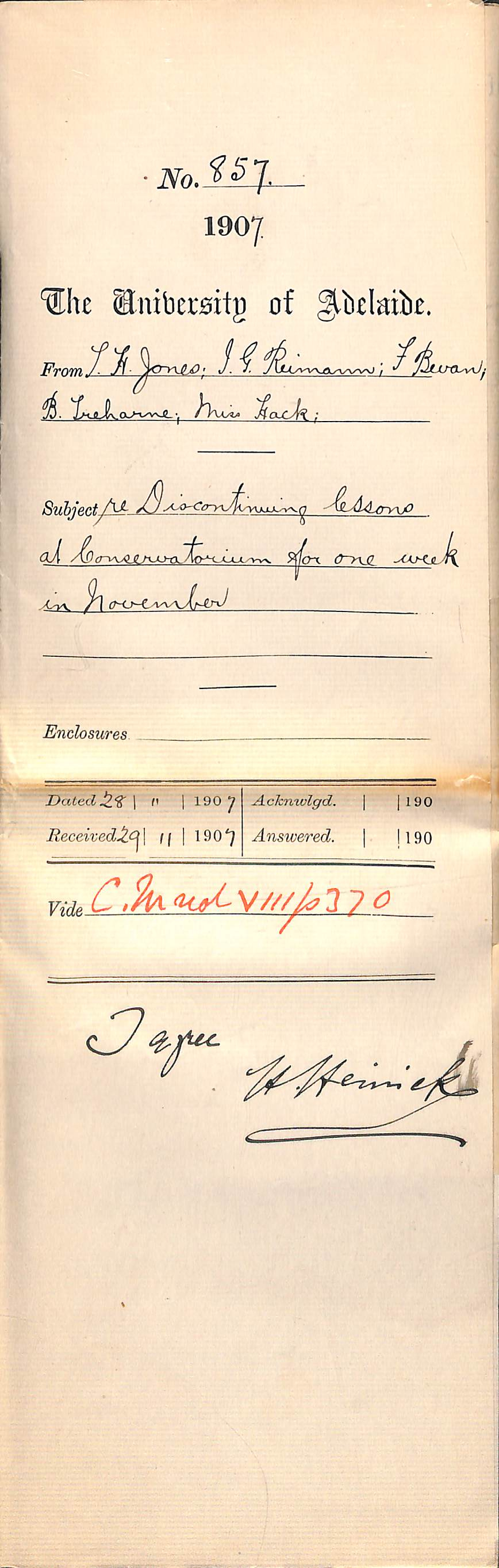 Thomas Henry Jones - Immanuel Gotthold Reimann - Frederick Bevan - Bryceson Treharne - Miss Guli Hack - Discontinuing lessons at Conservatorium for one week in November