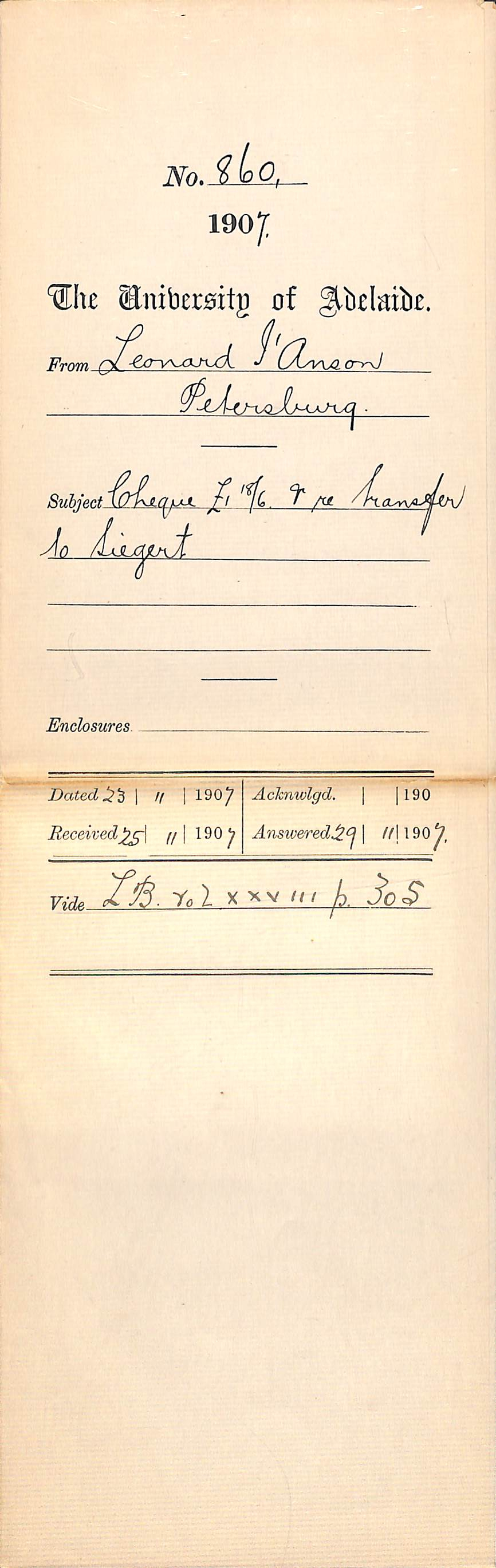 Leonard l'Anson - Petersburg - Cheque &pound;1-18-6 and re transfer to Siegert