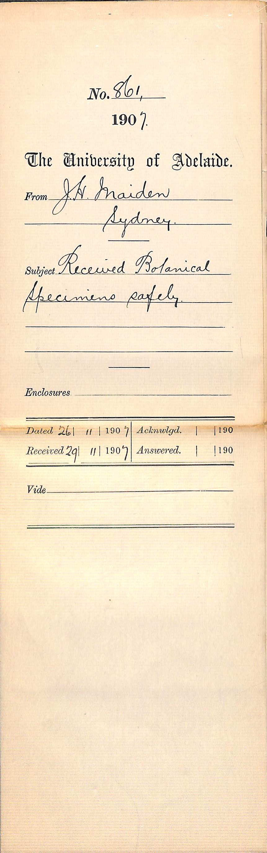 J H Maiden - Sydney - Received Botanical Specimens safely