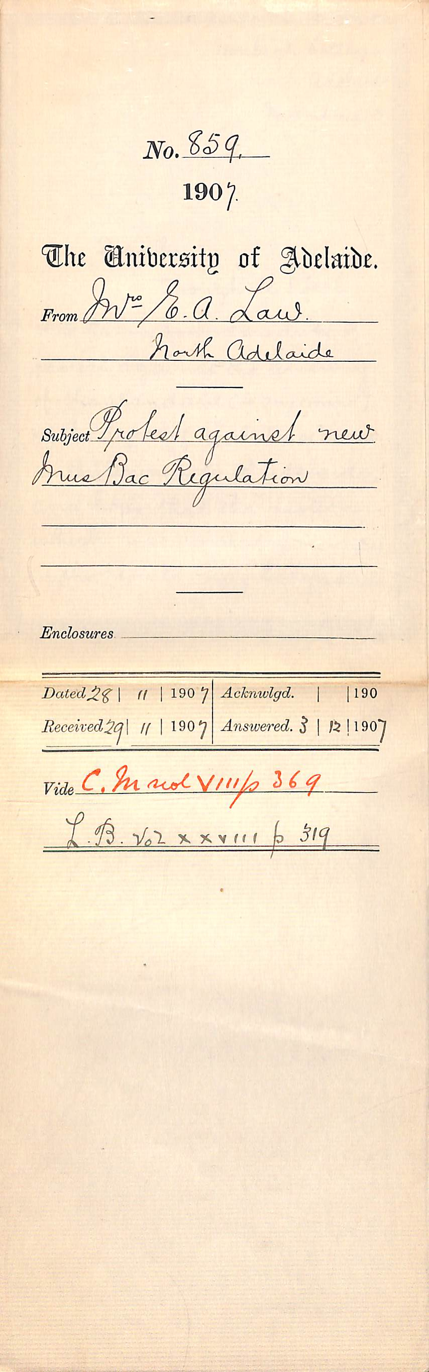 Mrs Emily A Law - North Adelaide - Protest against new Mus Bac Regulation