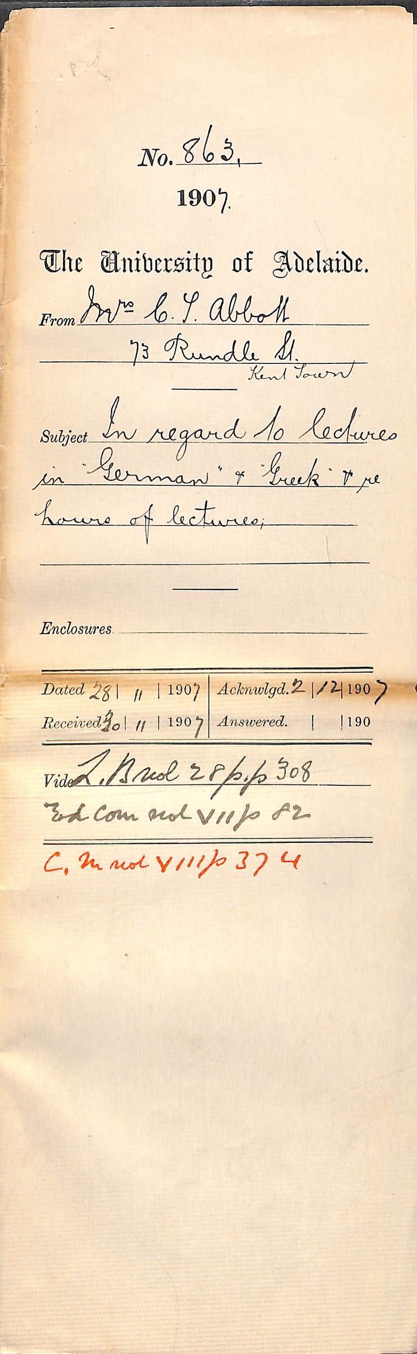 Mrs Charles T Abbott [Susie E Abbott] - 73 Rundle Street Kent Town - In regard to lectures in German and Greek and re hours of Lectures