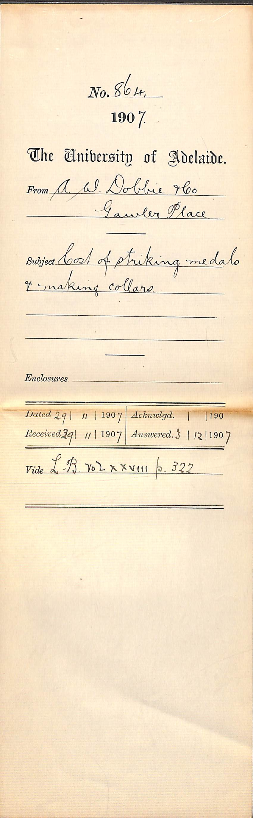 A W Dobbie and Company - Gawler Place - Cost of striking medals and making collars